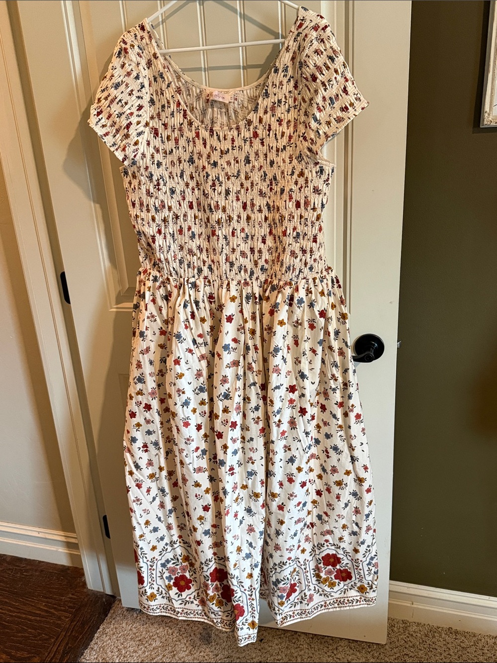 Ivy City Co Smocked Cream Maxi Dress with Red & Blue Floral Print & Border Print